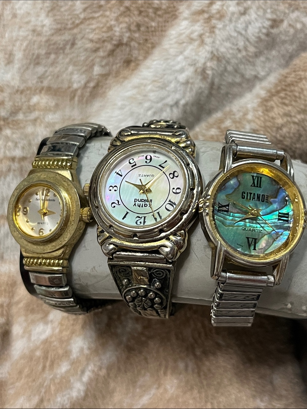 Gitano Silver-Tone Watch with Iridescent Blue-Green Abalone Dial